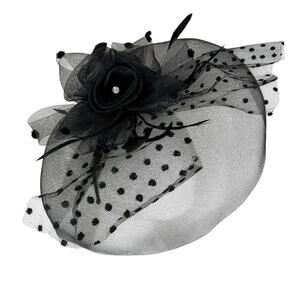 Vintage Black Mesh Fascinator Hat Polka Dot Feather Derby Headband One Size